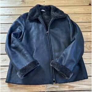 Autunno Men’s Leather Jacket Size Large Black Full Zip Sherpa Lined
